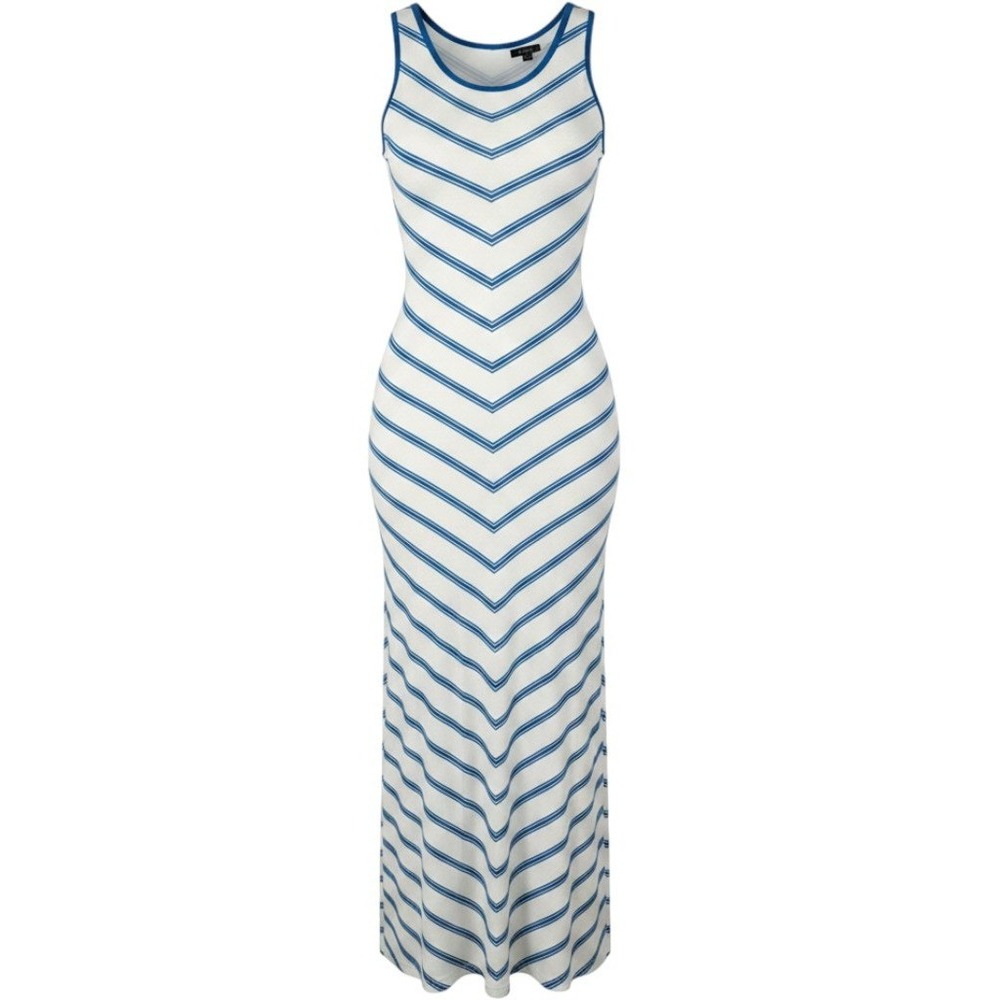 Ann Taylor Maxi Dress Womens XS White Blue Chevron Stripe Sleeveless Beach